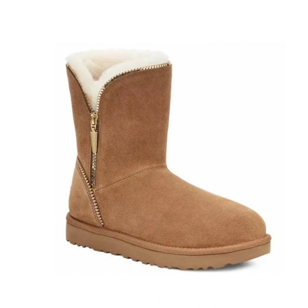 UGG Mini Florence Boots Womens 6 Chestnut Suede Gold Zip 1013165